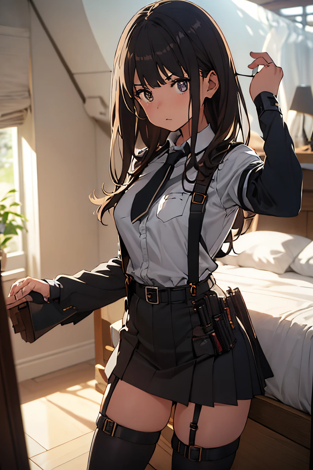 ​masterpiece、flat-colors、depth of fields、lens flare 1 girl、、Brown hair、watching at viewers　　　black suspenders　　　Bulging big breasts　　 　 　　　walls: 　Black miniskirt　garters　　　　　　Gaze　　　Small face　bangss 　　　holster　　Belt Armament　Beautuful Women　srestrained　hands up　Lying in bed　Leg holster lying on the bed　　Gaze 　black boots panty shot