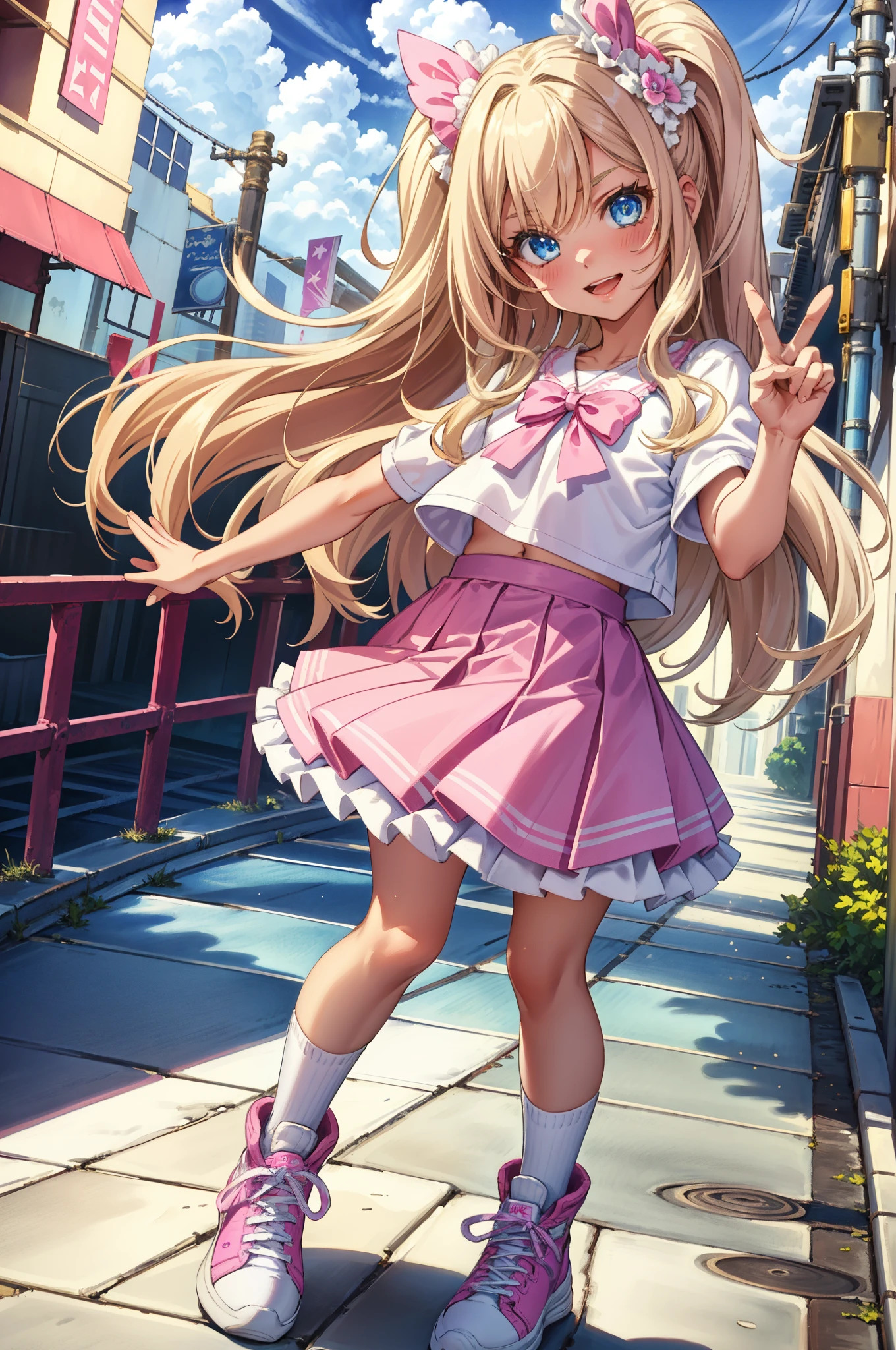 beautiful, (masterpiece:1.2), (best quality:1.2), Beautiful 10-year-old white girl with blue eyes, long swept-back straight blond hair, Happy and posing with peace signs, Pink and white frilly miniskirt, pink shirt, pink socks, white sneakers, California City background, daylight.