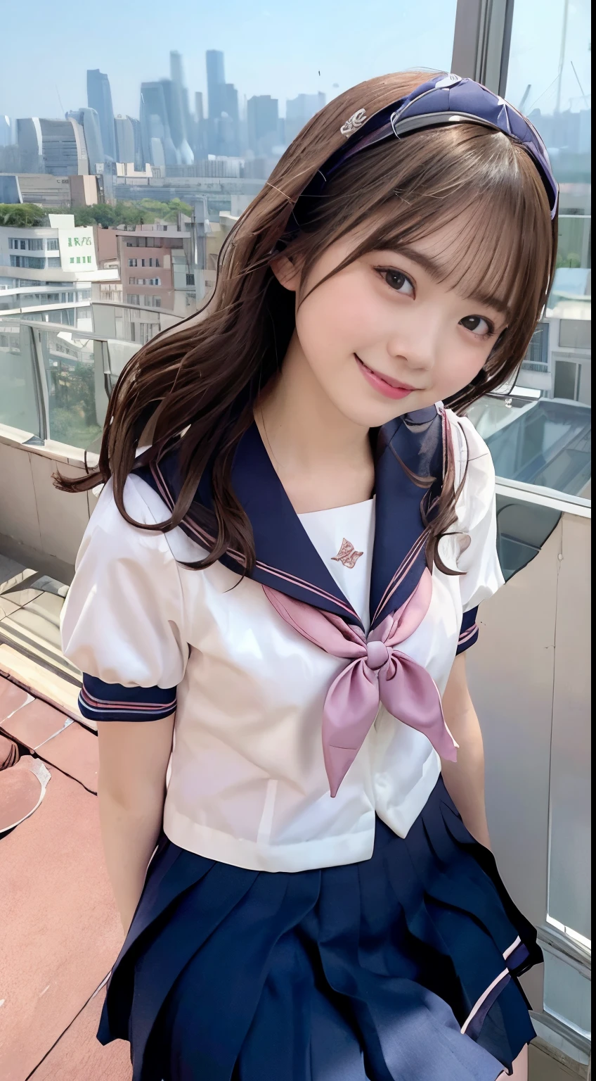 (smile:1.2), resting posture, photo of a girl standing on roof top Observatory of high-building, wearing (crop-top:0.5) school sailor uniform, pleated pink skirt, perfect fingers, perfect hands, windy, look thighs, standing on the (elevation:1.5), city view, TOWER Observatory, high place, tea ceremony, JK style, short-sleeved JK shirt, long-sleeved JK sailor, JK suit, JK tie,