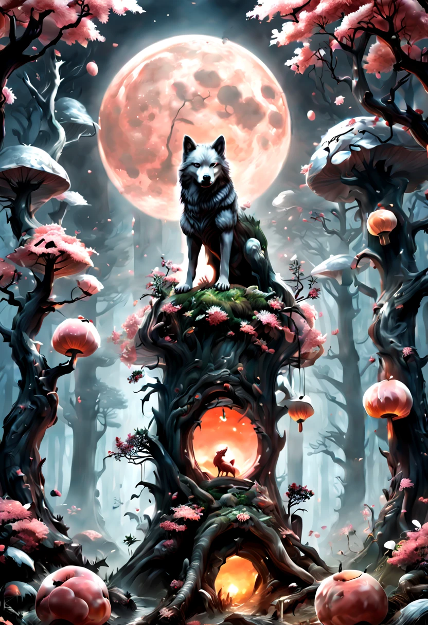 Mushroom forest, silver wolf, full moon, traditional japanese concept art, Large tube wood peach style, full color digital illustration, Inspired by Luo Mu, art by ghana trip, by Kan Lee, octane render, enhance, intricate, (best quality, masterpiece, Representative work, official art, Professional, unity 8k wallpaper:1.3)