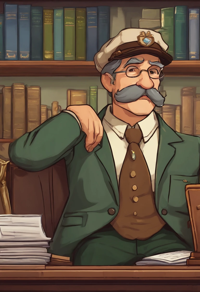 A photo of Mayor Lewis sitting at his desk in the Town Hall, surrounded by stacks of documents.,Stardew Valley,He wears a tan newsboy cap. He is old and has a big grey mustache. He is a white man. He wears a green button up top with a yellow necktie. He wears brown suspenders and brown pants. , male