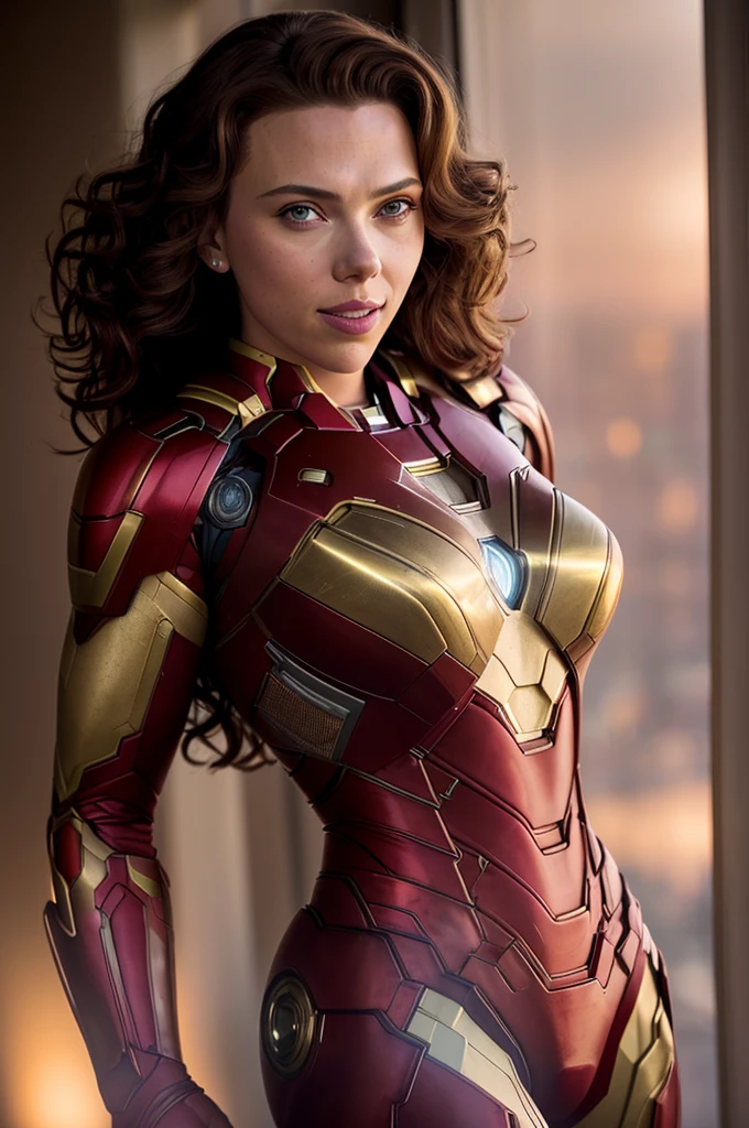 sexy Scarlett Johansson woman in Iron Man suit, Night, soft lighting, dynamic angle, realistic lighting, smiling, happy, Wonder Woman movie scene background, photo by Brooke DiDonato, (natural skin texture, hyperrealism, soft light, sharp :1.2), (intricate details:1.12), hdr masterpiece, best quality, (highly detailed photo:1.1), 8k, photorealistic, (SFW),