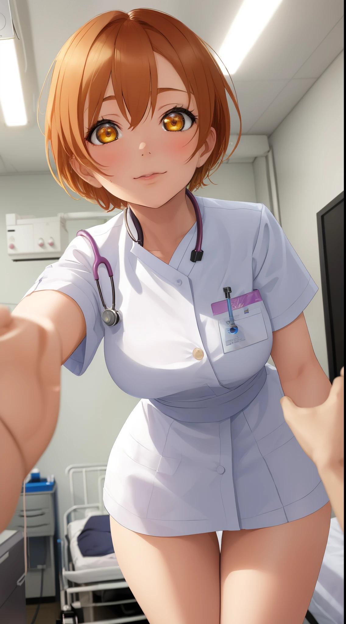 One person, One personで, nurse, Completely naked、Nipples, Very short hair, Orange Hair, smile, Open your mouth, Are standing, ((Hospital room)), Sharp contours, Short sleeve, Tomboy, boyish, Highest quality, masterpiece,Large Breasts