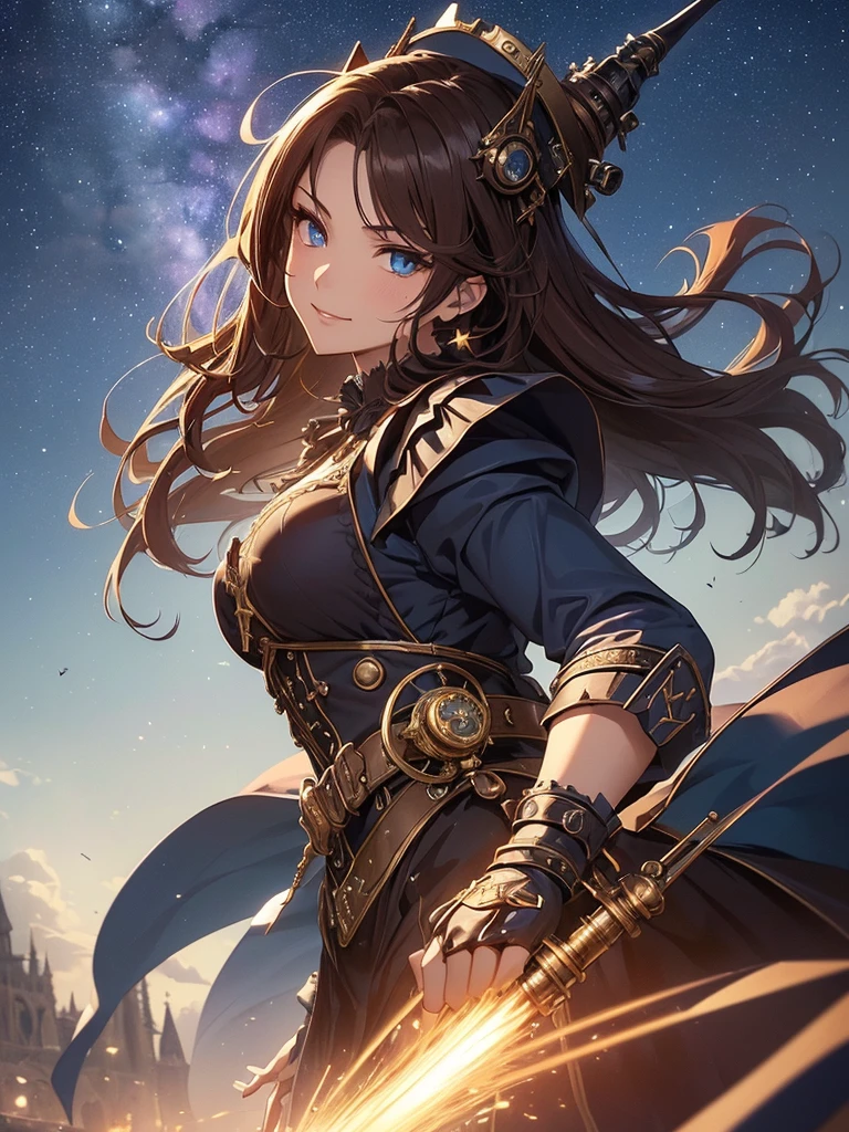 top-quality、Top image quality、​masterpiece、Beautiful Gothic girl((24 year old、Best Bust、big bast、Bust 90,Beautiful blue eyes、,Brown hair long hair、A slender、a closeup、Hold a steampunk cannon、Holding a glowing sword、Cool pose、fight、Esbian、Gothic Maid costume、beautiful apron、hiquality、Beautiful Art、Background with((starrysky)))masutepiece、visualart、depth of fields、low angle of morning sky、、、🎵、Happy smile、Gentle light、、Beautiful skins、beutiful breast、beautiful foot、welcome、、accurate fingers、Exact finger count、nffsw、steampunc、Lots of gears、Majestic nature、Artistically、gothic magic、action scene、Fight giant robot monsters、Great angle、Battle Scenes、steampunk fantasy、