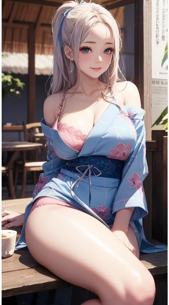 8K quality、top-quality、On a table、super high image quality、ultra - detailed、Ultra-realistic hair textures、Vibrant colors、Beutiful women、long beautiful hair、shinny hair、Delicate hair、blue mesh、pony tails、eBlue eyes、Skin glows、lace underwear big breasts、Diagram of mole on chest、large pecs、The chest is particularly large、Sweaty forehead and cheeks、the butt is large、Fluffy off-the-shoulder yukata、A smile、soft pink lips、Surreal sensibility、Reddening cheeks、summer festival background