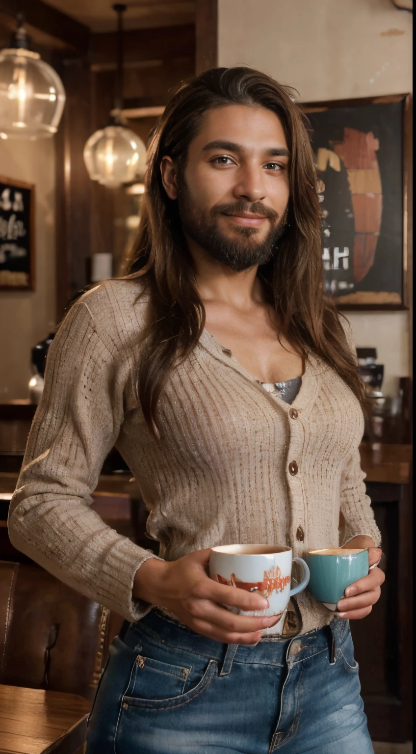 A trans man with fluffy, wavy brown long hair with hair bangs and brown eyes. He has a short beard and mustache, a round face with a round tip nose. He's friendly, squishy, and cheerful, holding a hot cocoa while posing for the camera outside a cabin mansion house with a mountain view. He has a soft, not too chubby and slightly skinny, yet buff body. He is Canadian