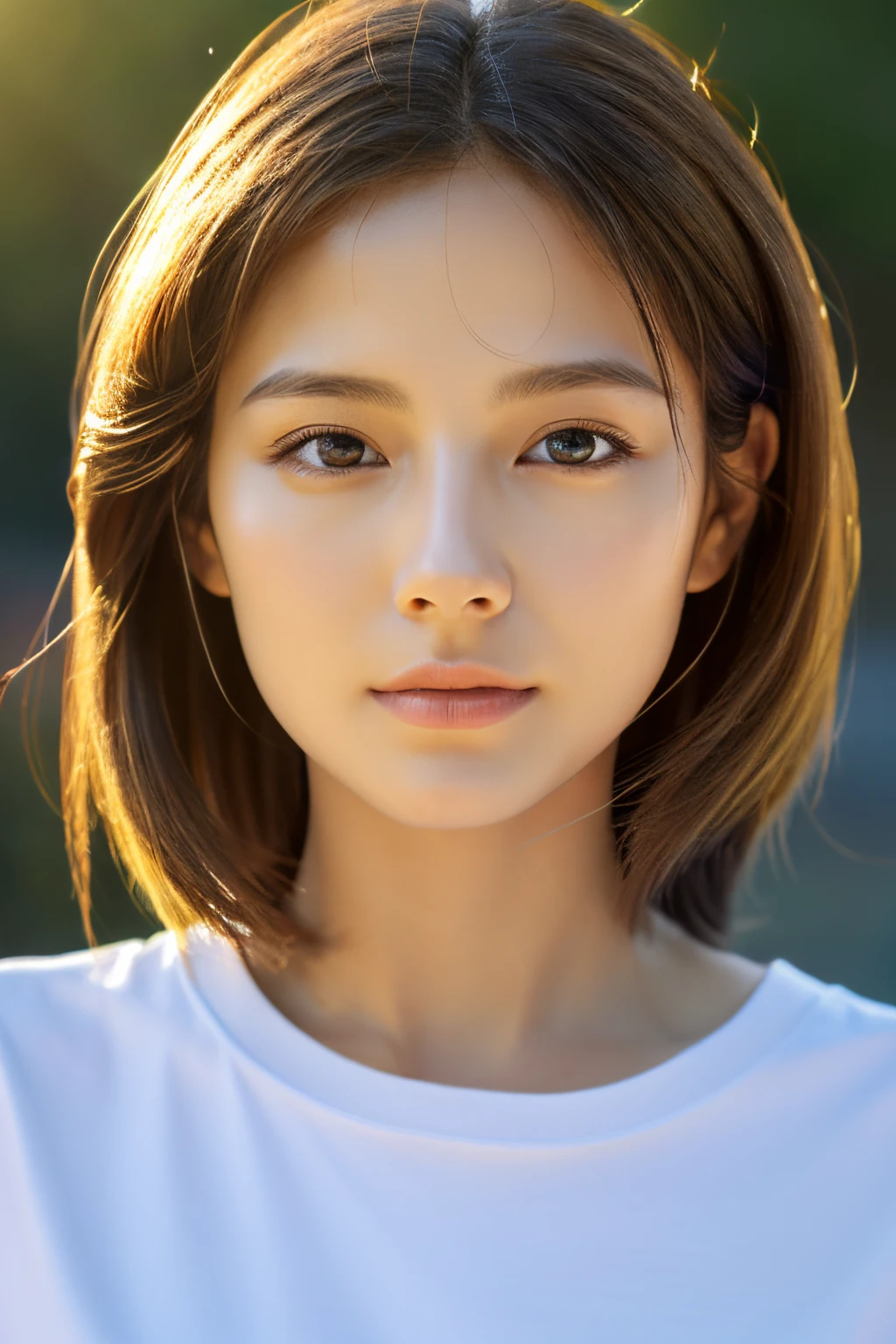 clothed、(Photo Real:1.4)、(hyper realisitic:1.4)、(realisitic:1.3)、 (Smoother lighting:1.05)、(Improved lighting quality in movies:0.9)、32K、 1girl in、20 years girl、Realistic lighting、back lighting、Facial light、raytrace、(Brightening light:1.2)、(Increase quality:1.4)、 (Top quality real texture skins)、finely eye、finerly detailed face、 (Tired, sleepy and satisfied:0.0)、close up of face、tshirts、 (Bodyline mood improvement:1.1)、glowy skin、Facing the front