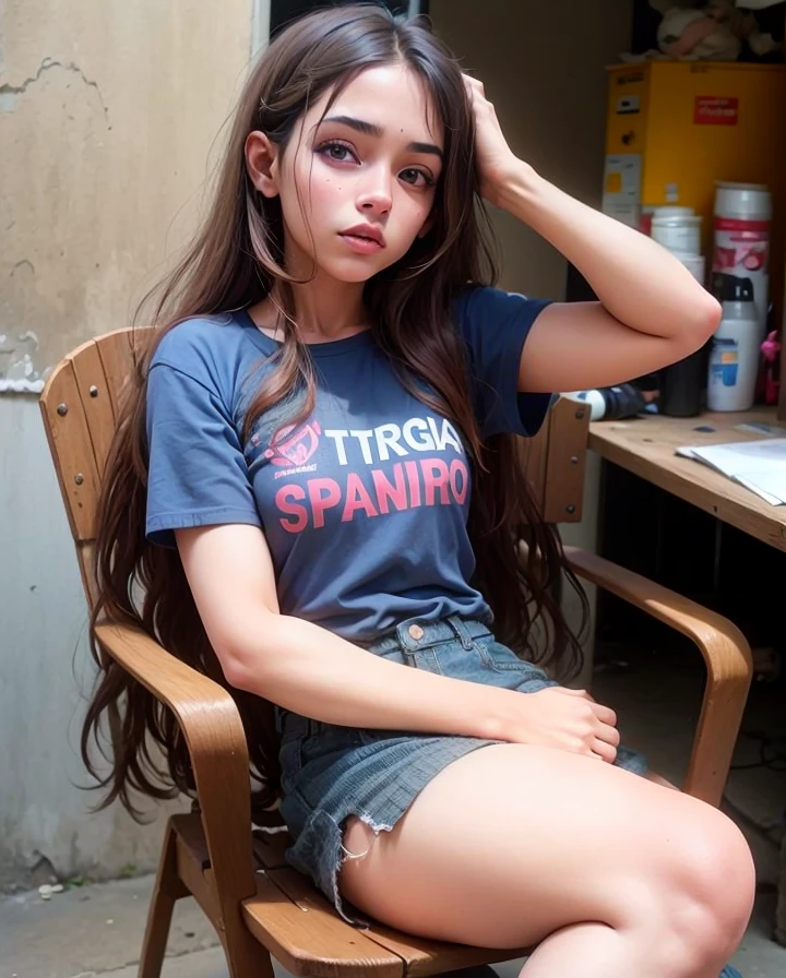 1 girl,aheago,long twin tails, (skinny body:1.1),((flat chest:1.2)), skimpy cropped t-shirt and mini shorts, white ankle socks, bracelets, choker, sitting on her bed