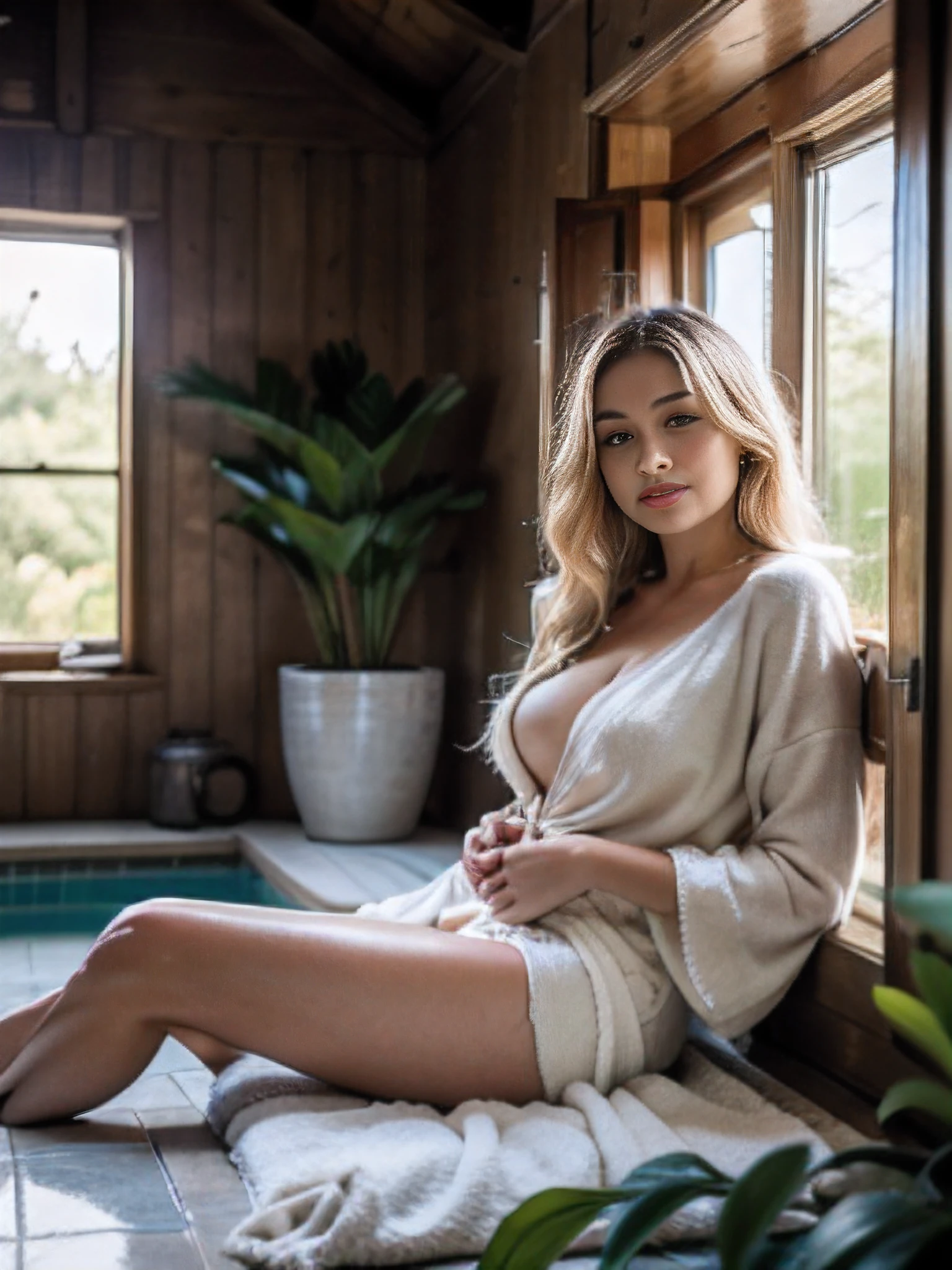 (Blonde girl,relaxed atmosphere,virtuelle Spa-Umgebung),Illustration,sanfte und beruhigende Farben,Warmes Licht,best quality,Ultra-detailliert,beautiful detailed eyes,Beautiful, detaillierte Lippen,entspannender Gesichtsausdruck,wallendes blondes Haar,visibly relaxed body,Bequemes Sitzen,fragrant essential oils,sanfte Hintergrundmusik,Natural light comes in through the large windows,Ruhige und ruhige Umgebung,ruhiger Reflexionspool,frische Blumenarrangements,luxurious bathrobes and towels,einladendes Dampfbad,Aromatische Kerzen,erfrischendes, fruit-infused water,Lush green plants,weich gepolsterter Bodenbelag,kristallklare Glasarchitektur,harmonisches Gleichgewicht von Natur und Technik,happiness,wellness,lebendige Gesundheit,Taper