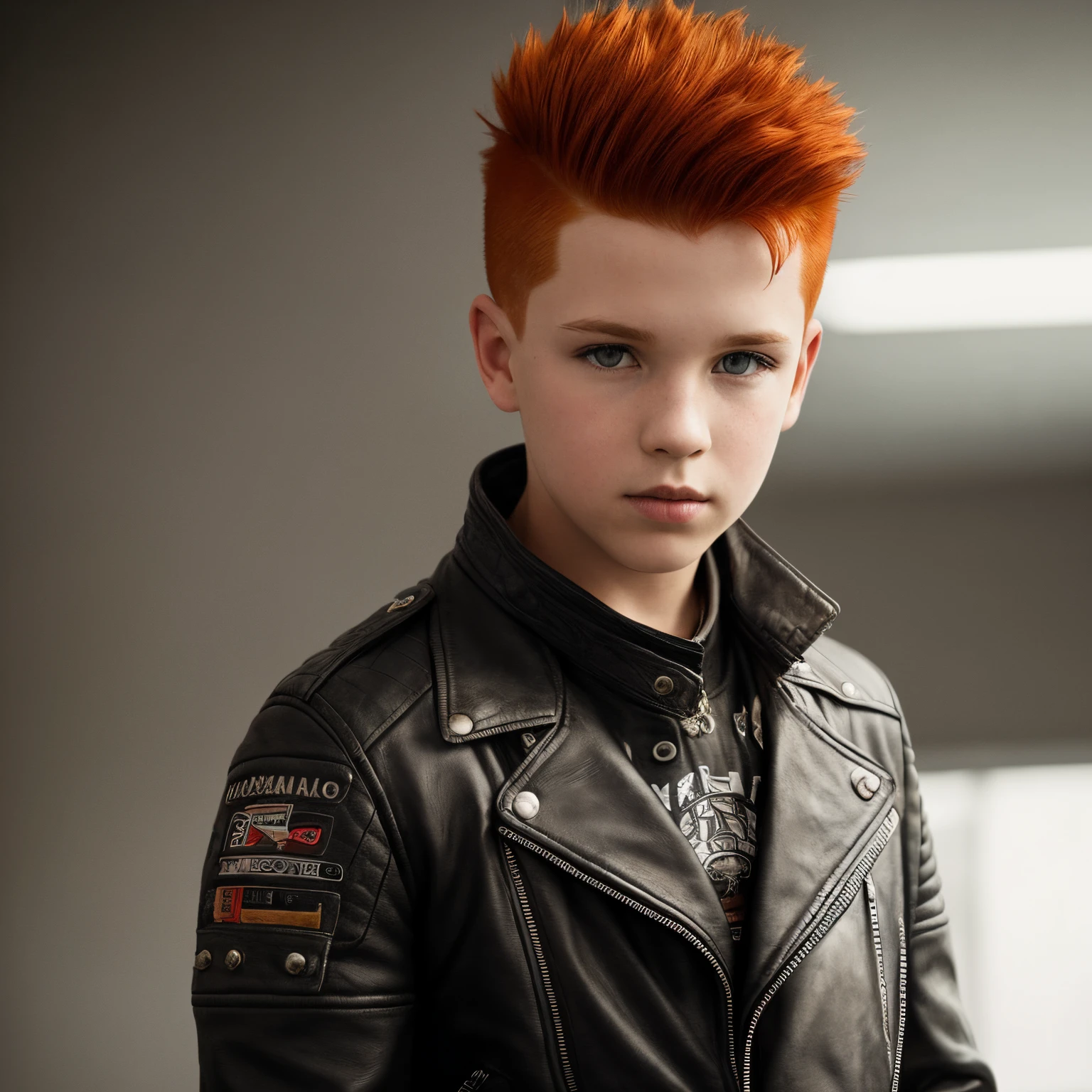 a boy,redhead,(mohawk haircut:1.2), , leather jacket, posing, hdr, cinematic