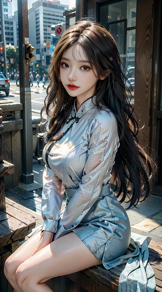 (RAW photos,4K,tmasterpiece,A high resolution,extremly intricate),(realistically:1.4),电影灯光,1 girl,exquisite facial features,(Tight cheongsam),exposing thighs,high-heels,Sit Pose,luring,urban backdrop,roadside,rays of sunshine,(Realiy)