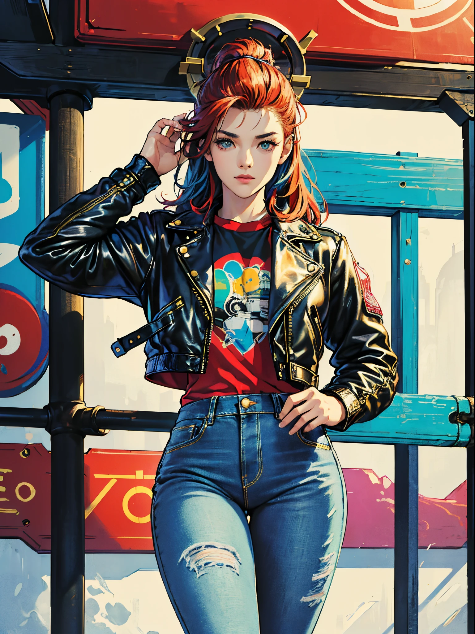 Vibrant colors、((masterpiece)))、(((top-quality)))、((ultra-detailliert))、(A hyper-realistic)、(highly detailed CGillustration)、Official art、CD cover、urban art district、It will be、Mid summer、Stylish、glorious 1980s、Cool Beauty、cochetti gorgeous、matchless beauty、multicolored hair、Rock 'n' Roller、leather jackets、Tight jeans、Female Solo、Perfect Angle、perfect-composition