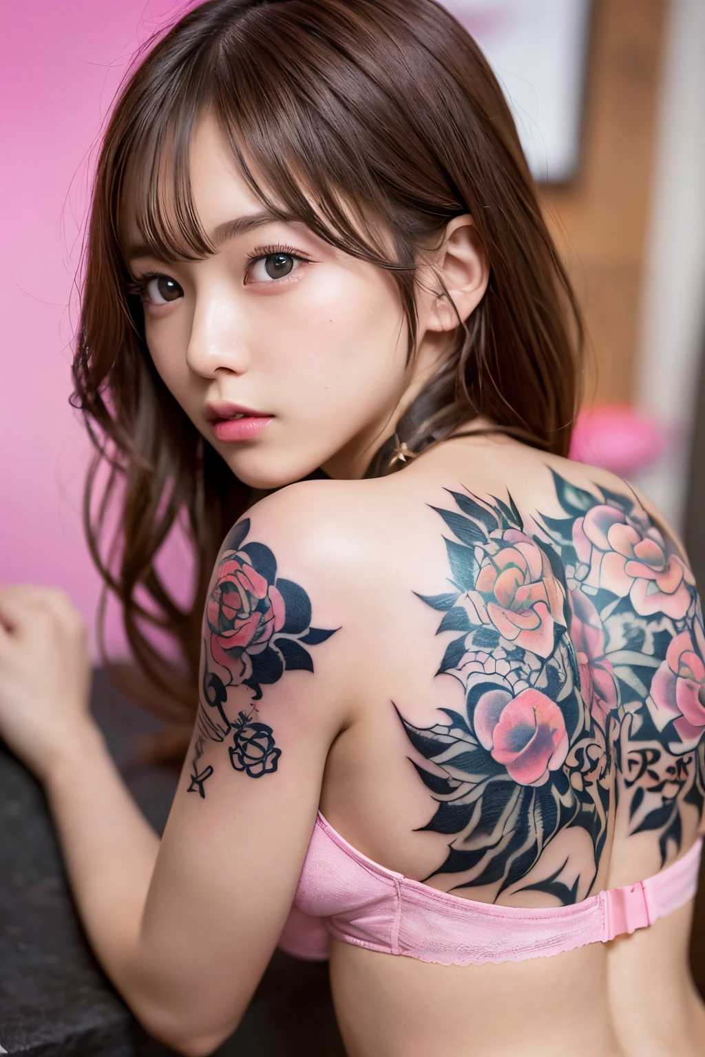 ((best quality, 8K, masterpiece)), ultra-detailed, sharp focus, 1 cute girl, 18yo, highly detailed face and skin texture, (Japanese tattoo:1.2), ((pink bra)), (pink panties), ((detailed eyes)), ((beautiful eyes:1.2)), ((ass focus)), ((back view))