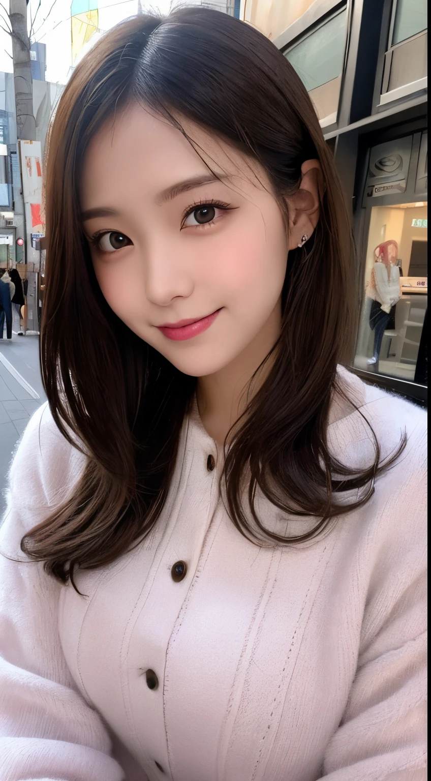 masutepiece, Best Quality, Illustration, Ultra-detailed, finely detail, hight resolution, 8K Wallpaper, Perfect dynamic composition, Beautiful detailed eyes, Women's fashion fluffy winter clothes,Medium Hair,Small breasts natural color lip, Bold sexy poses,Smile,Harajuku、20 years girl、Cute、Sexy shot looking at camera,Raw photo