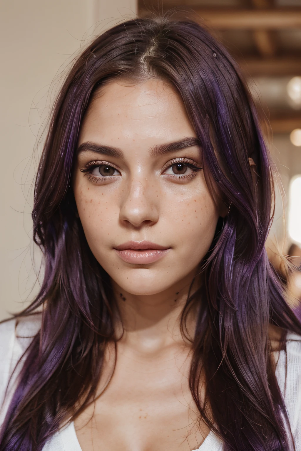 realistic portrait photo of beautiful woman with purple hair, hair roots slightly faded, spanish, influencer, light freckles, light brown eyes, no makeup, instagram