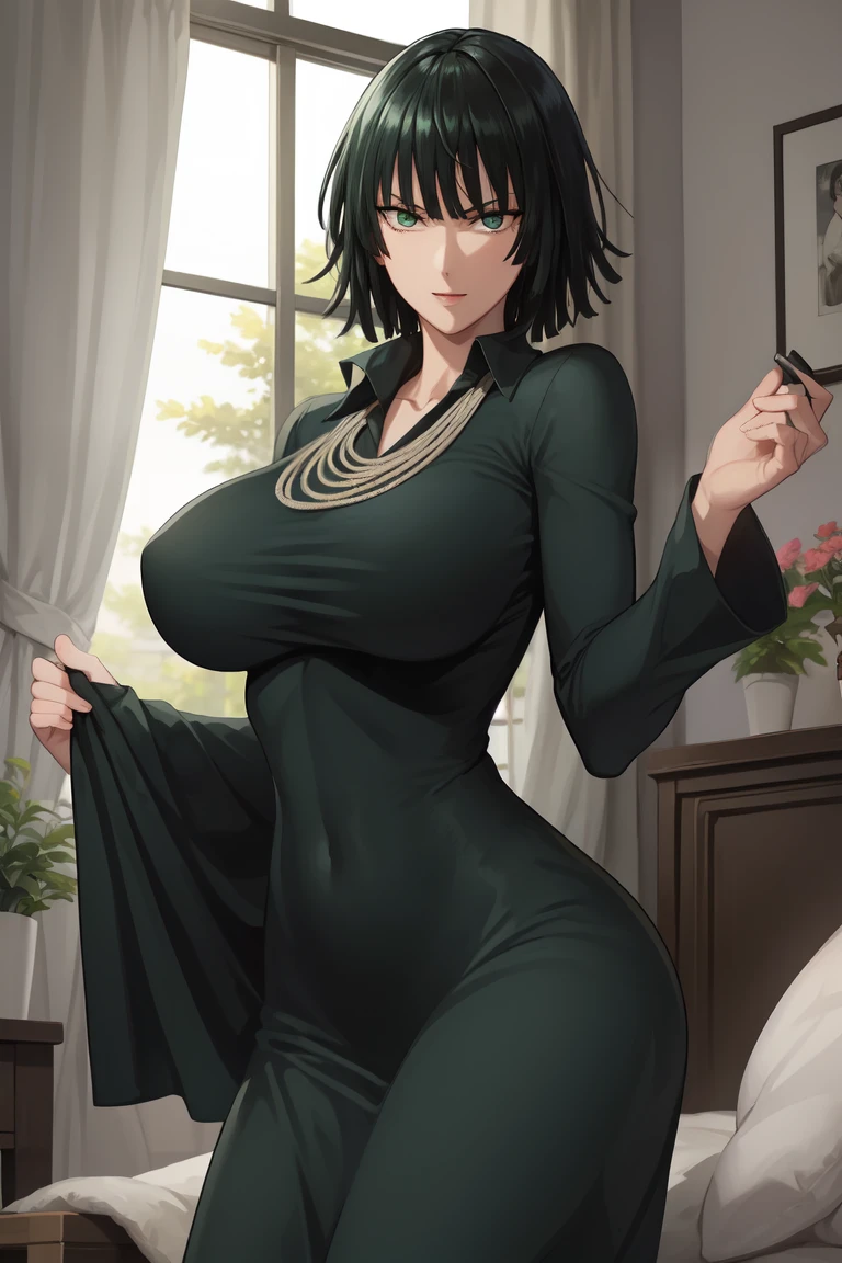 1girl,alone,(Fubuki\(One Punch Man)\), ass, from behind, (from bottom: 1.3), dominatrix, greenish-black tight clothing, short hair, greenish-black hair, green eyes, green leather, living room , wooden furniture, seductive, smiling, closed mouth, makeup, light pink lipstick, anime, individual focus, (point of view), detailed face, complex skin, nightgown, side head view, arrogant, disgust, warm light, big breasts, wide waist, wide hips, wide thighs, round butt