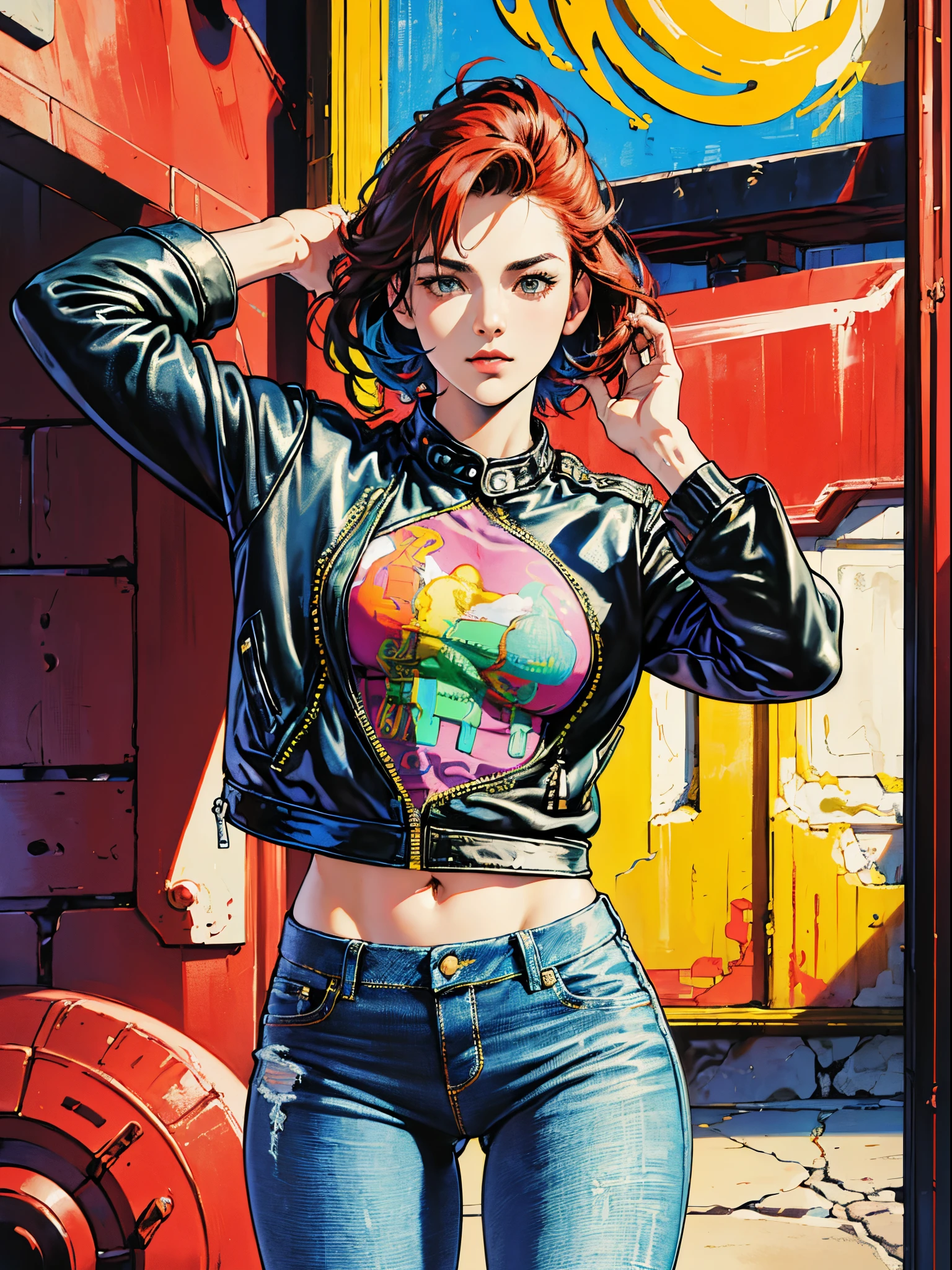Vibrant colors、((masterpiece)))、(((top-quality)))、((ultra-detailliert))、(A hyper-realistic)、(highly detailed CGillustration)、Official art、CD cover、urban art district、It will be、Mid summer、Stylish、glorious 1980s、Cool Beauty、cochetti gorgeous、matchless beauty、multicolored hair、Rock 'n' Roller、leather jackets、Tight jeans、Female Solo、Perfect Angle、perfect-composition