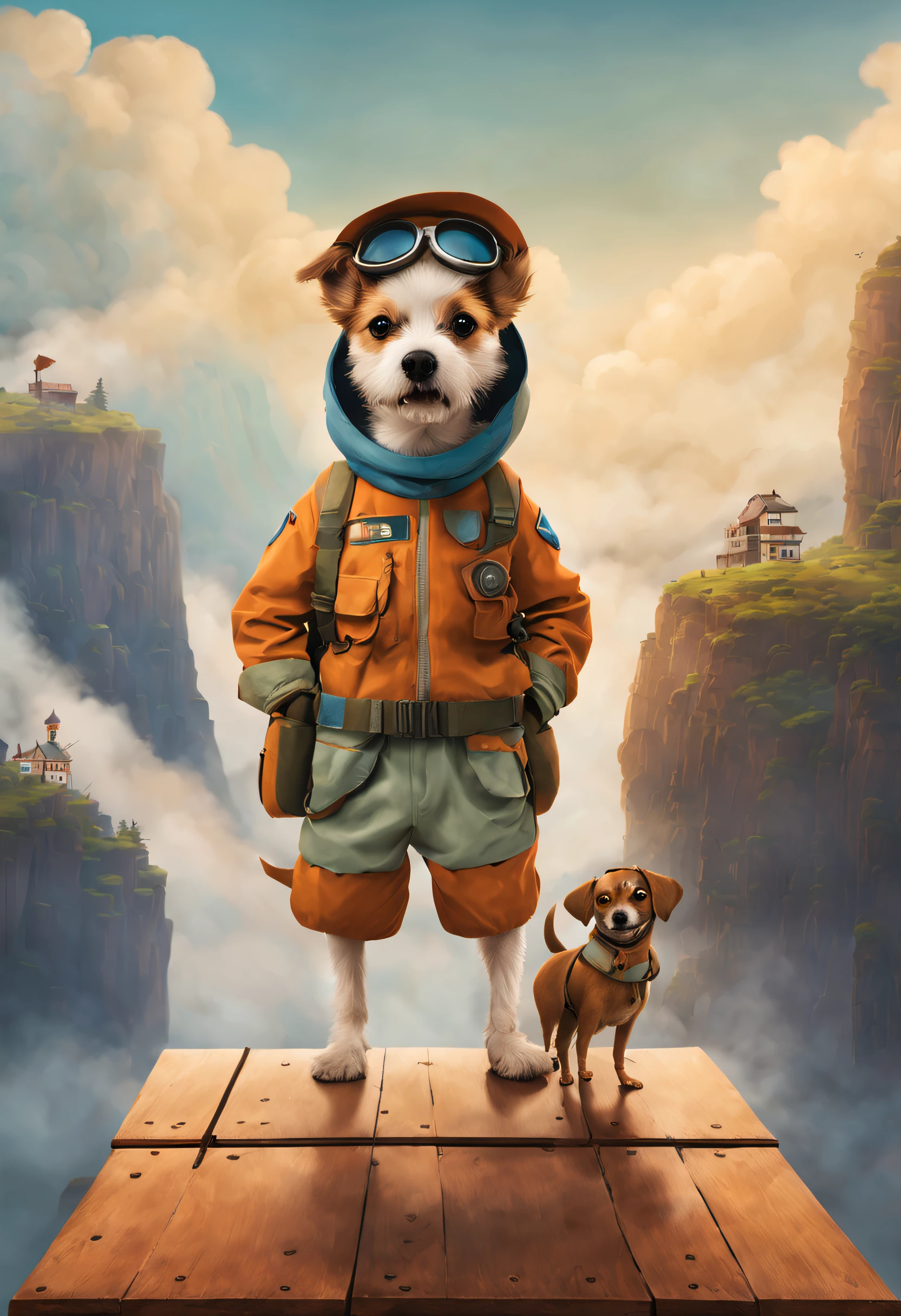 （Cute adventurer dog standing on wooden plane），Wear flight suit and goggles，The looking expression of the ，Background with：Between two mist-shrouded cliffs， pixar-style，Felicia Simien and Studio Ghibli-style minimalist photography，Produced by Pixar，Maximalism，fine art，negative space，Dark art，