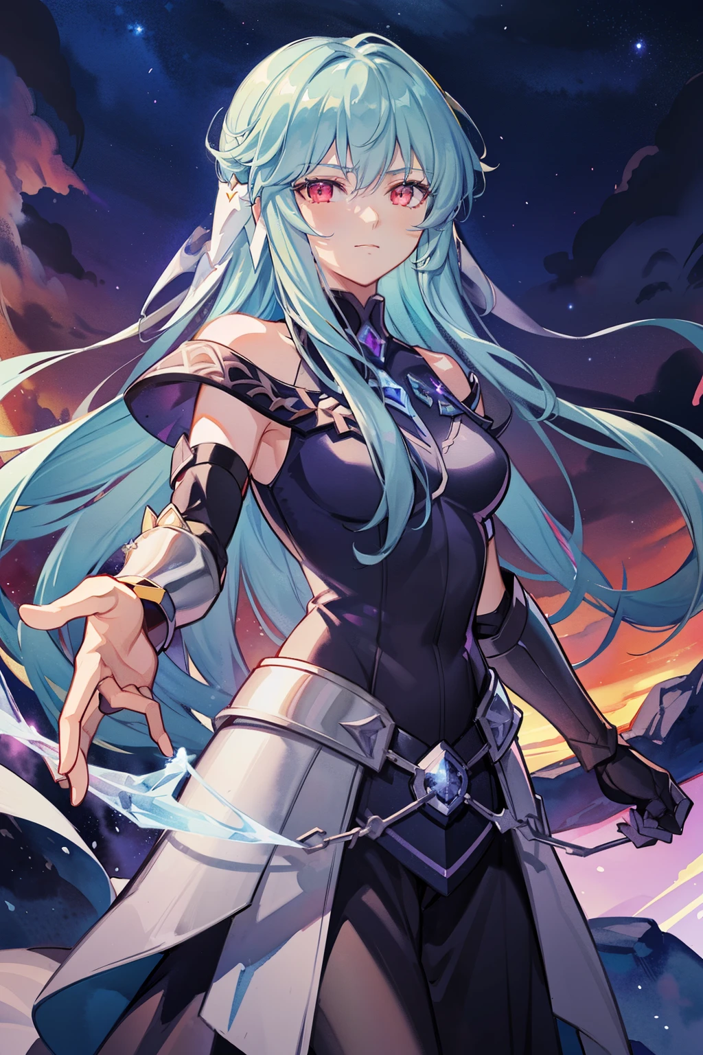 (high-quality, breathtaking),(expressive eyes, perfect face), 1girl, female, solo, detailed eyes, armor, black onyx purple armor, saint seiya armor, spectre armor, fantasy armor, light cyan blue hair, long hair, red eyes, ( watercolor \(medium\), night sky background, ice, small smile