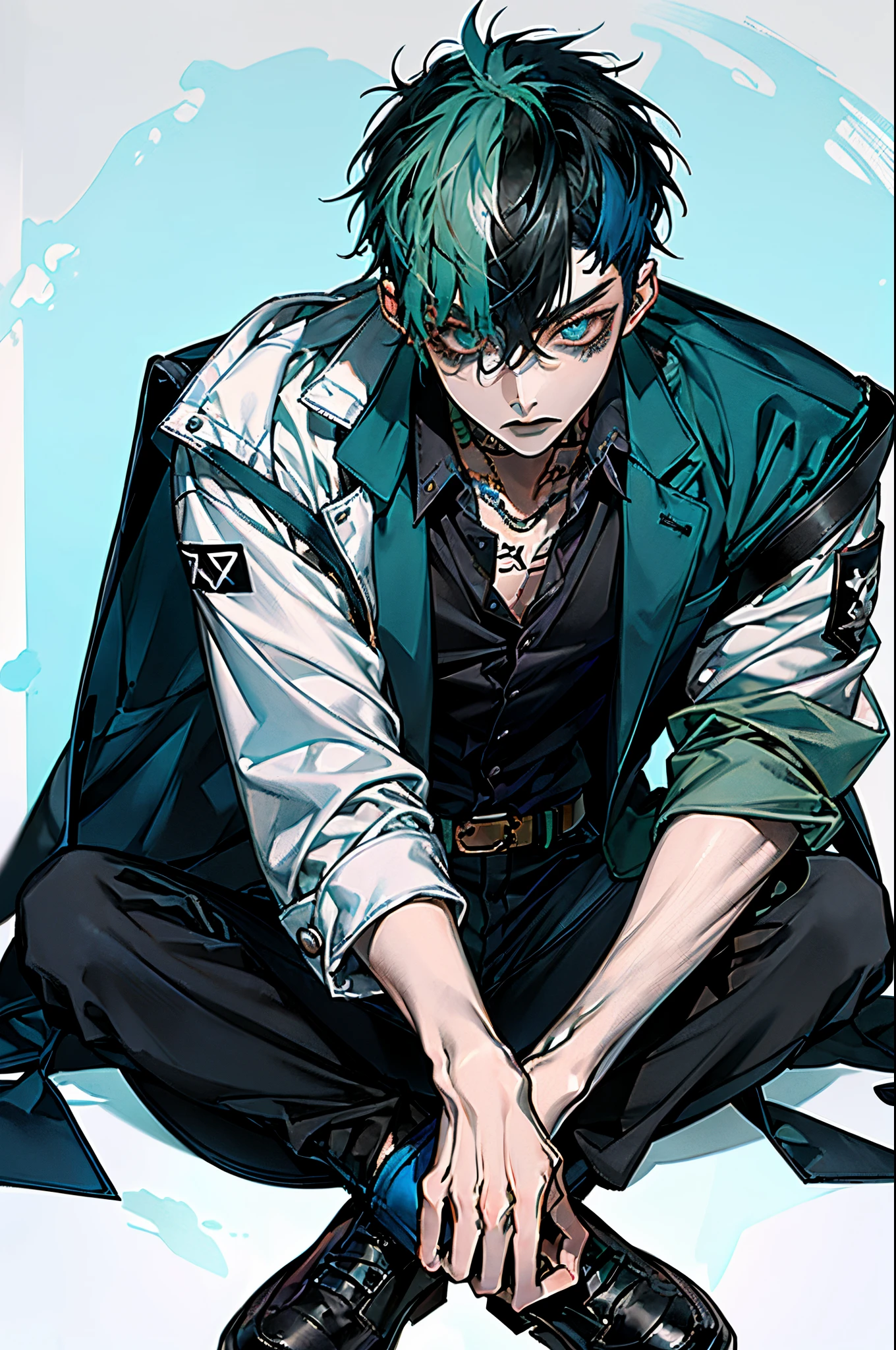 Masterpiece, best quality, high quality, ultra detailed, Kpop  boy with fade cut blue hair with with frosted white tips, cute face, irresistible,sit pose, poser, serious face, full half body show, tattoos, wears cool black mixed blue ang green open jacket with long big sized shirt, long black pants with belt, paint background, popstar