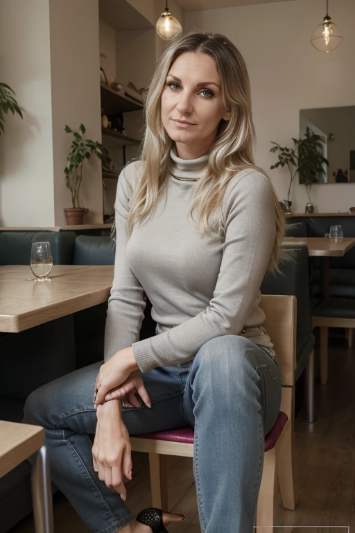 Marija. Beautiful mature lady, sensual with pleasure mouth, gray green eyes, long messy blond hair, hyperdetailed photography, soft light, sitting in a small restaurant, wearing a black turtleneck sewater and bluejeans, black high heels, large breats, facing the viewer