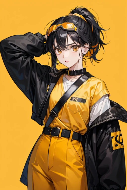 Akari has pale skin and black hair worn in a ponytail held by a yellow hairband. wears a black shirt under an orange jacket with a yellow collar and yellow pockets, two-tone black-striped pants, a yellow belt with a gray buckle, and her sports black-rimmed goggles with orange lenses over her eyes.