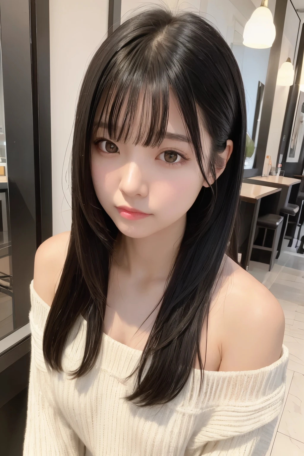 masterpiece, best quality,1girl, solo, black hair, realistic, long hair, black eyes, sweater, bare shoulders, bangs, cafe, closed mouth, upper body, hime cut
