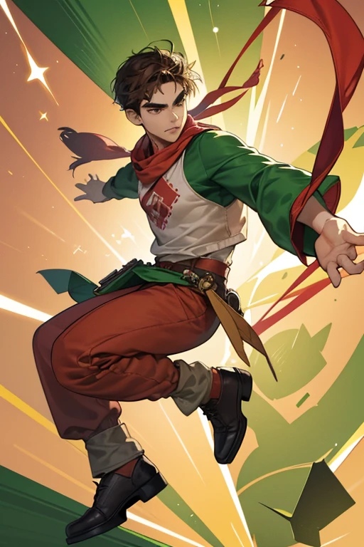 Alberto has light brown skin, spiky, dark brown hair, a short goatee, and slightly bushy eyebrows. He wears a pale red bandana with light pink spots, a yellow shirt with green trim and folded sleeves, and four imprinted green stars with different sizes, red pants, and brown shoes with green laces and gray soles.