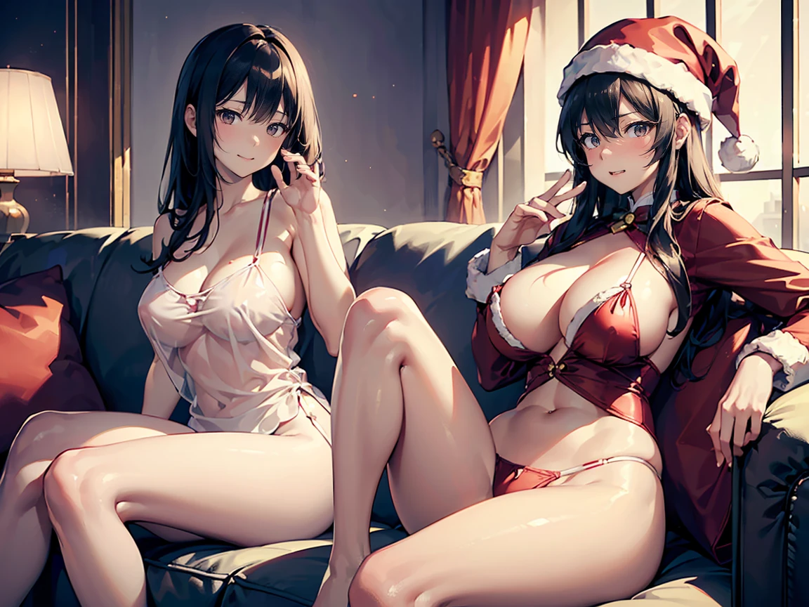 (top-quality,High resolution,(Ultra high definition,4K), (超A high resolution,in 8K),masutepiece:1.2), (Perfect Anatomy,Anatomically accurate), (Angle from below), (Soft lighting, 光线追踪), (((Sitting on a sofa in the lobby of a luxury hotel, legs wide open))), (Two cute high school girls), High-definition beauty face, (Santa Claus Cosplay), See-through panties, (Crisp double eyelids), (a seductive gesture),(Large breasts:1.3), NSFW,(Soft skin), (Photorealistic), (Glowing skin), (colourful hair)
