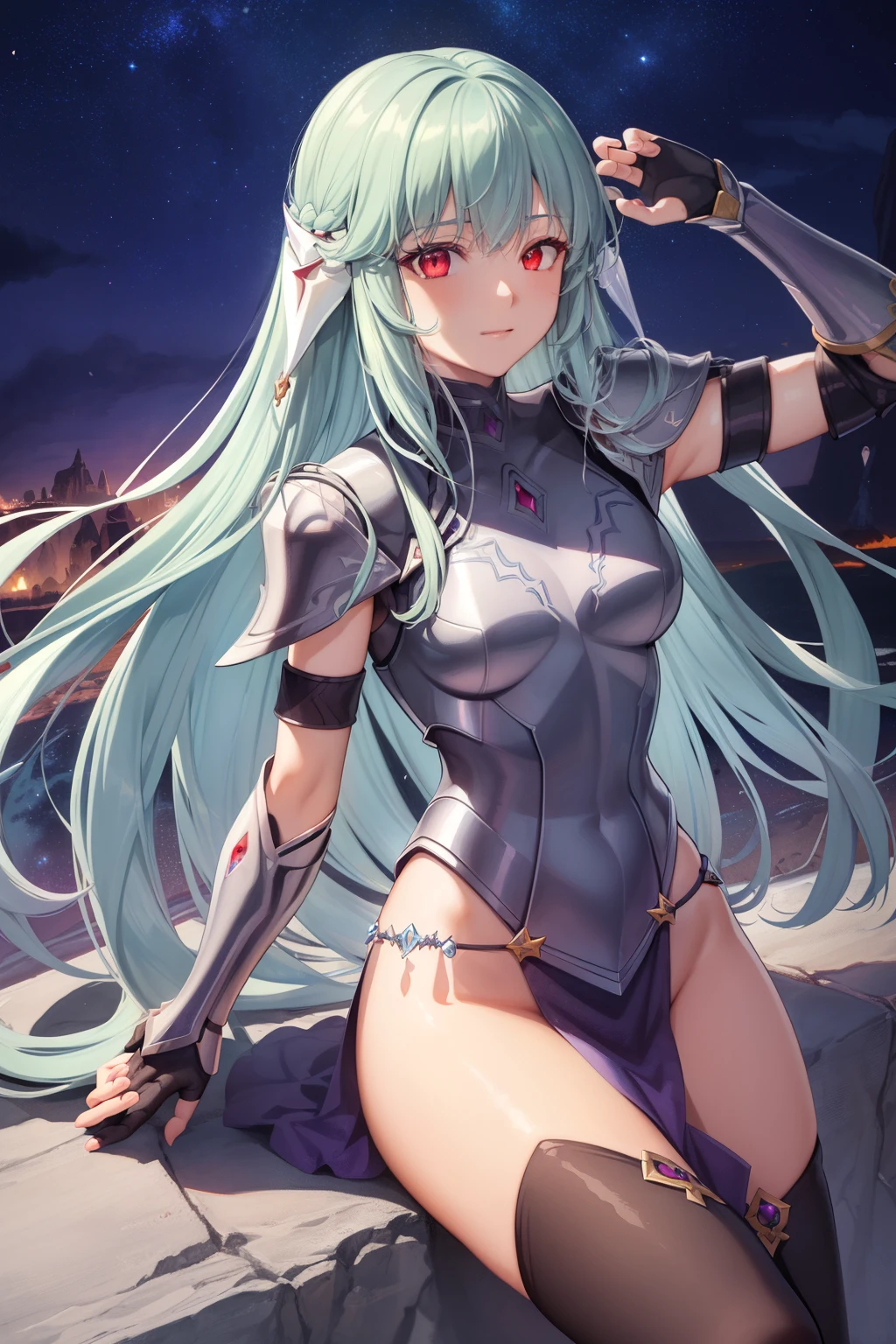 (high-quality, breathtaking),(expressive eyes, perfect face), 1girl, female, solo, armor, dark onyx purple armor, saint seiya armor, spectre armor, fantasy armor, light cyan blue hair, long hair, red eyes, ( watercolor \(medium\), night sky background, ice, small smile