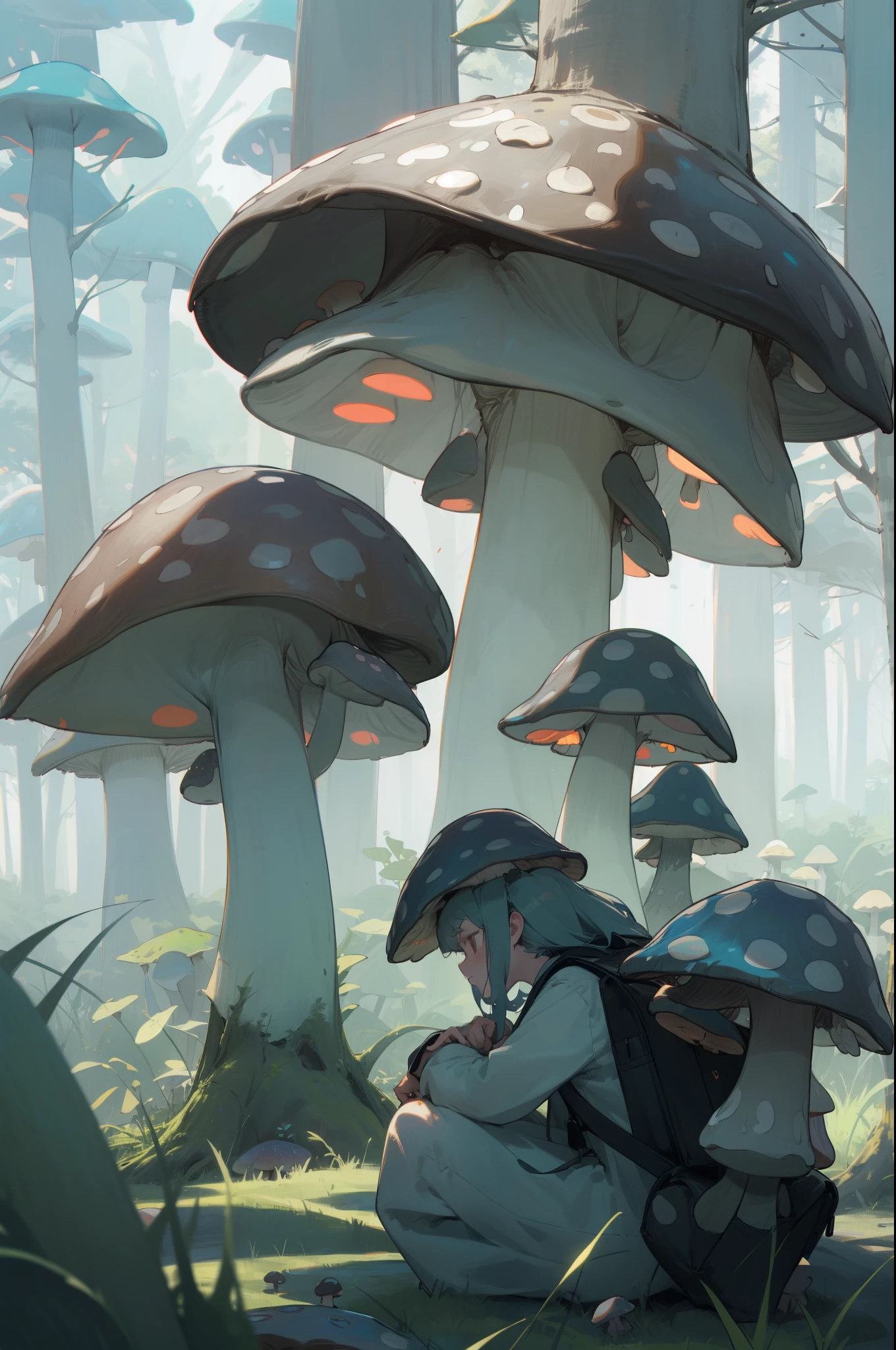 (outdoor, forest, mystical, bioluminescent mushroom:1.3), 1girls, backpack, Crouching, side view, (bored, no expression), masterpiece, best quality, 8k, perfect anatomy