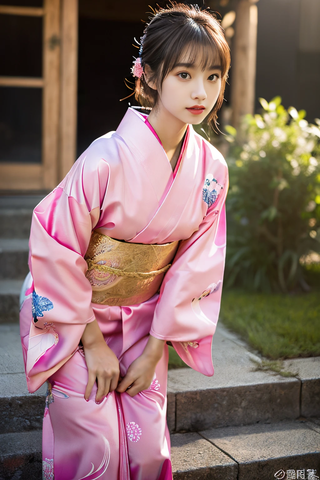 (pink and red kimono:1.2)、(Kyo-Yuzen:1.2)、(with floral pattern)、(long-sleeve)、(Furisode:1.2)、1人の女性、、full body Esbian、A dark-haired、(reallistic:1.7)、((Top image quality))、absurderes、(超A high resolution)、(Photorealsitic:1.6)、Photorealsitic、octane renderings、(hyper realisitic:1.2)、(photorealiscic face:1.2)、(8K)、(4K)、(​masterpiece)、(realistic skin textures)、(illustratio、Cinematographic lighting、wall-paper)、(beautidful eyes:1.2)、((((face perfect))))、(Cute face like an idol:1.2)、(is standing)、red-lips、outside of house、(January)、(First visit)、Detailed cute face、Realistic Beauty