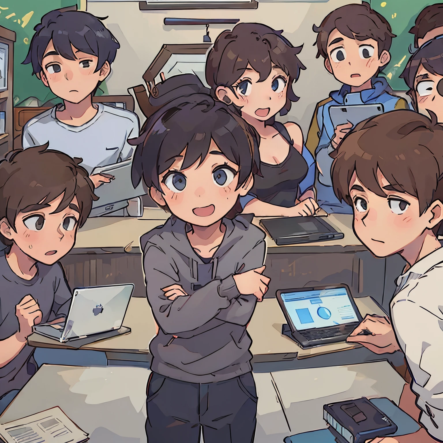 6 students having fun, 5 boys 1 girl, girl working on laptop, 2 boys studying, 3 boys having fun, total 6 people in picture only