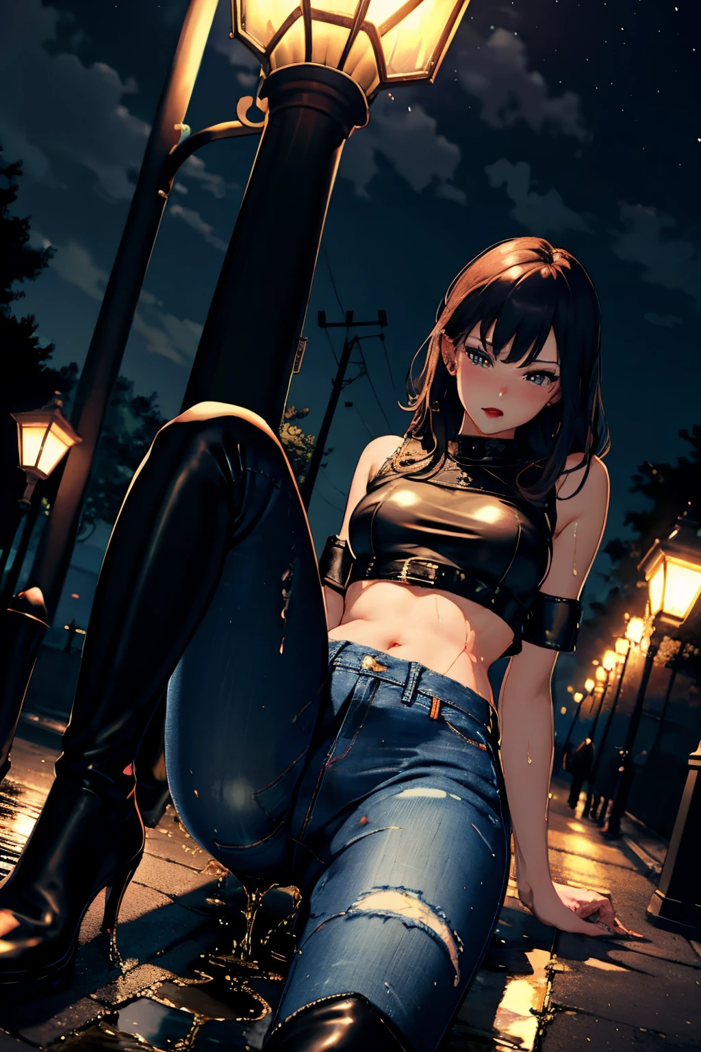 highres, beautiful women, high detail, good lighting, lewd, hentai, (no nudity), (((jeans))), ((tight leather top)), (((leather thigh high boots))), bare midriff, (wet crotch), (peeing herself), peeing stain, (puddle), (thick thighs), nice long legs, lipstick, detailed face, pretty face, embarrassed blushing face, humiliated, ((legs spread)), ((in public under streetlight at night))