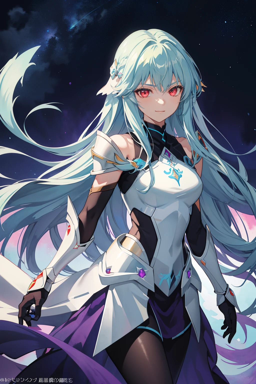 (high-quality, breathtaking),(expressive eyes, perfect face), 1girl, female, solo, armor, dark onyx purple armor, saint seiya armor, spectre armor, light cyan blue hair, long hair, red eyes, ( watercolor \(medium\), night sky background, ice, small smile