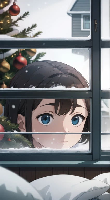 ((Head-On Shot)) a house at Christmas, inside a Christmas tree, snowing outside, focus on the window