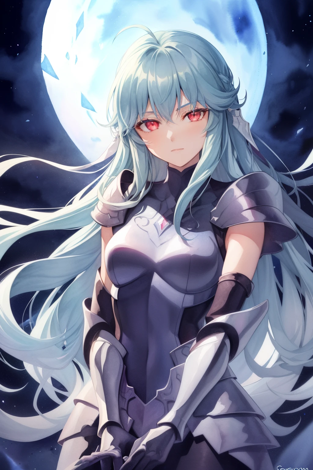 (high-quality, breathtaking),(expressive eyes, perfect face), 1girl, female, solo, armor, dark onyx purple armor, saint seiya armor, spectre armor, fantasy armor, light cyan blue hair, long hair, red eyes, ( watercolor \(medium\), night sky background, ice, small smile