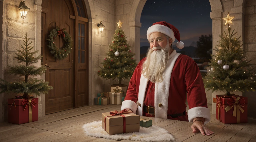 Renderizado 3D, escena de la noche de navidad, with a large Christmas tree in the center of the poster, adornado con luces de colores, cortinas estrelladas en el cielo, y cajas de regalo en la nieve. A cute and friendly Santa Claus holding a gift..., with a warm yellow background and a bright night, santa claus en primer plano, realista, good-natured, sonriente. Regordete. Many Christmas colors, magia, brillo.