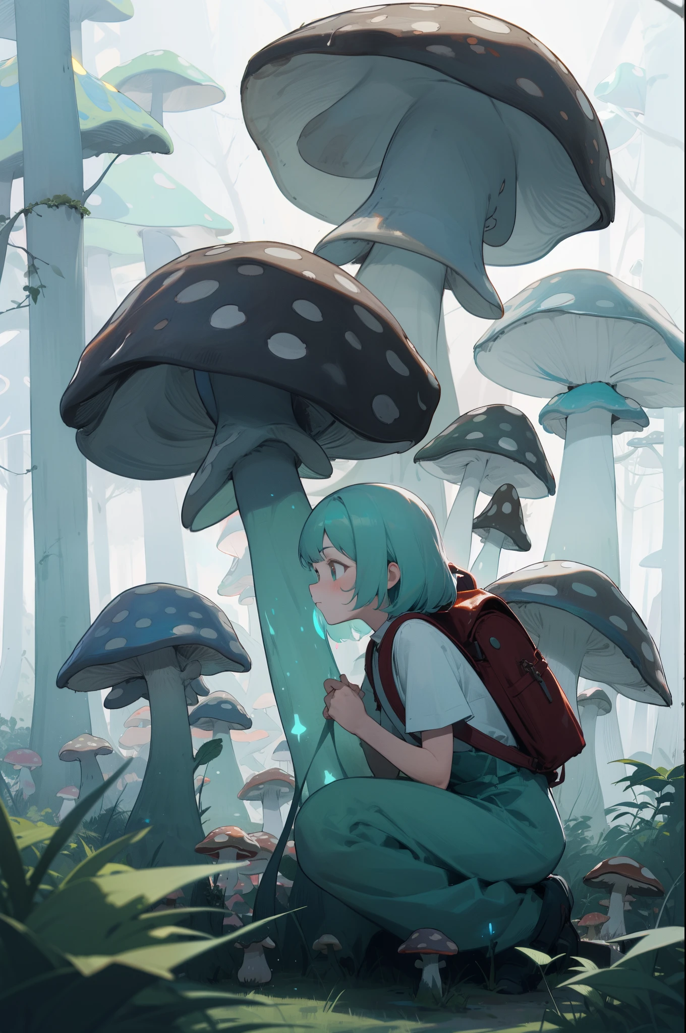 (outdoor, forest, mystical, bioluminescent mushroom:1.3), 1girls, backpack, Crouching, side view, (bored, no expression), masterpiece, best quality, 8k, perfect anatomy