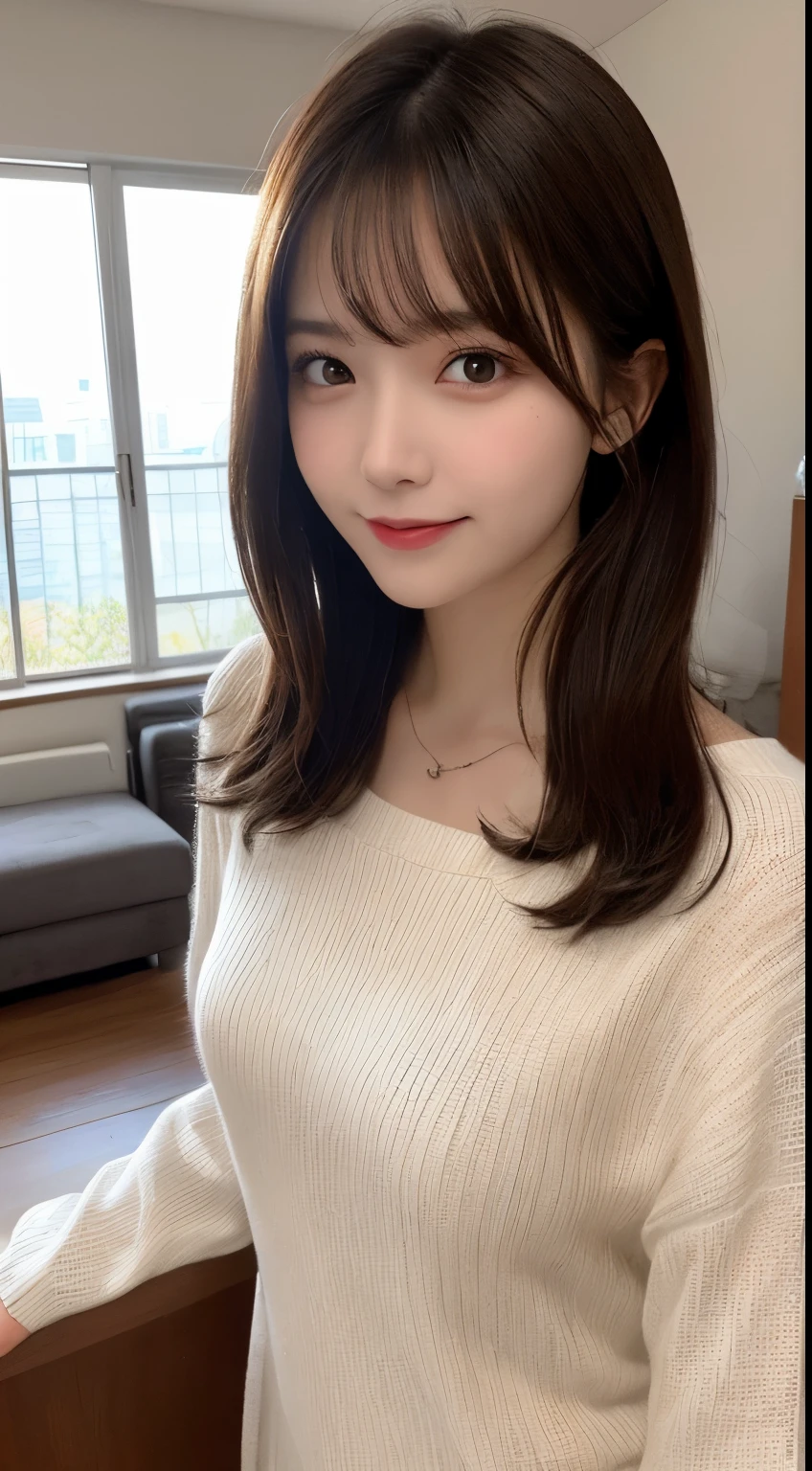 masutepiece, Best Quality, Illustration, Ultra-detailed, finely detail, hight resolution, 8K Wallpaper, Perfect dynamic composition, Beautiful detailed eyes, white knit long sleeve dress,Medium hair,small tits、Natural Color Lip, Bold sexy poses,Smile,upscale homes(a room)、20 years girl、Cute、Sexy shot looking at camera,Ultra-realistic raw photos,Perfect and beautiful face