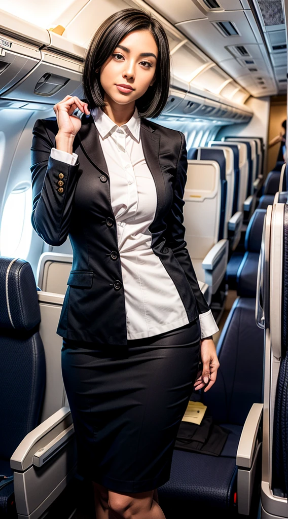 1 woman, 30 years, Very Beautiful Japanese Woman, hyperdetailed face、Detailed lips、A detailed eye、double eyelids,、(Black bob hair、Like an airplane stewardess々Do a good job)、(Stewardess uniform:1.2)、(Glamorous body)、Large boobs,, Boobs pops out tthe shirt, Naughty seductive Smile, wide thighs, Perfect fit currvy body, Perfect image realism, Background with: (Business Class aisle on airplanes:1.2), Cowboy Shot, Meticulous background, detailed costume, Perfect Lighting、Hyper-Realism、(Photorealistic:1.4)、8K maximum resolution, (masterpiece), Highly detailed, Professional