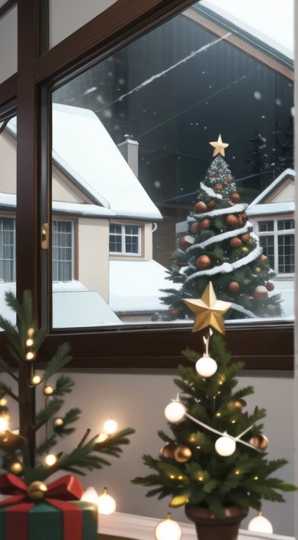 ((Head-On Shot)) Scenary, a house at Christmas, inside a Christmas tree, snowing outside, focus on the window