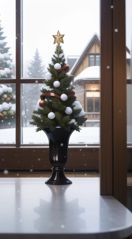 ((Head-On Shot)) Scenary, a house at Christmas, inside a Christmas tree, snowing outside, focus on the window