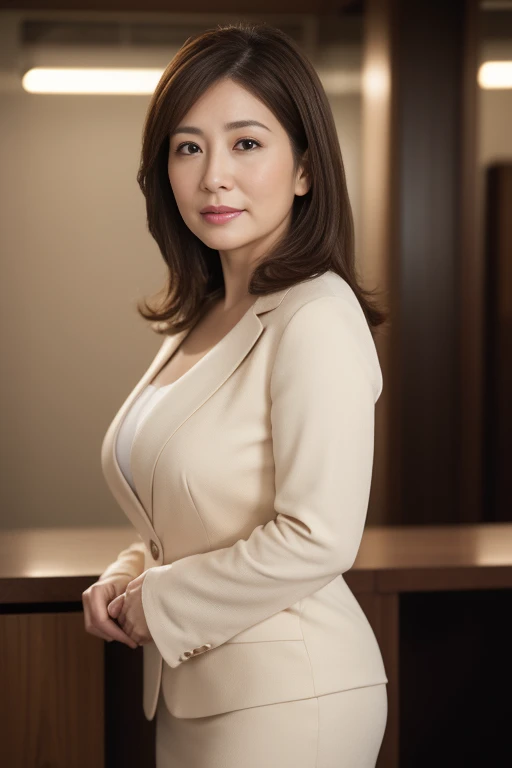 masuter piece, top-quality, ​masterpiece, hight resolution, Photorealsitic, Raw photography, 8k wallpaper, flawless, profetional lighting, ighly detailed, depth of fields,Pale solid color background, ((Japanese mature woman in her 40s)), chubby figure, Female sexy, Detailed face, beautidful eyes, bangss, large full breasts, Straight light brown hair that reaches to the shoulders, Faint lips, ((Stand facing forward in the center of the screen.、Staring at the viewer&#39;serious face eyes.)),Business Wear, foot out of frame, Looking at Viewer,