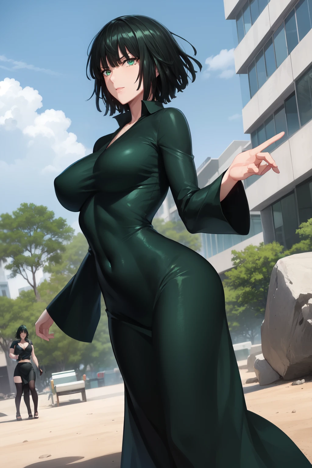 1girl, alone, (Fubuki\(One Punch Man)\), ass, from behind, (from below: 1.3), dominatrix, greenish-black tight clothing, dressed in v-neck, short hair, greenish-black hair, green eyes, green leather, sitting on a destroyed rock, seductive, smiling, mouth closed, makeup, light pink lipstick, anime, individual focus, on her back, showing butt, (point of view), detailed face, complex skin, nightgown, side head view, arrogant, disgust, warm light, large breasts, wide waist, wide hips, wide thighs, round butt