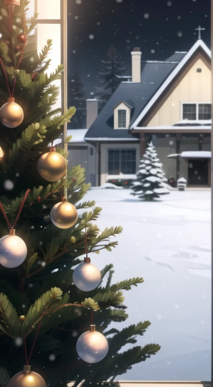 ((Head-On Shot)) (Scenery), a house at Christmas, inside a Christmas tree, snowing outside, focus on the window