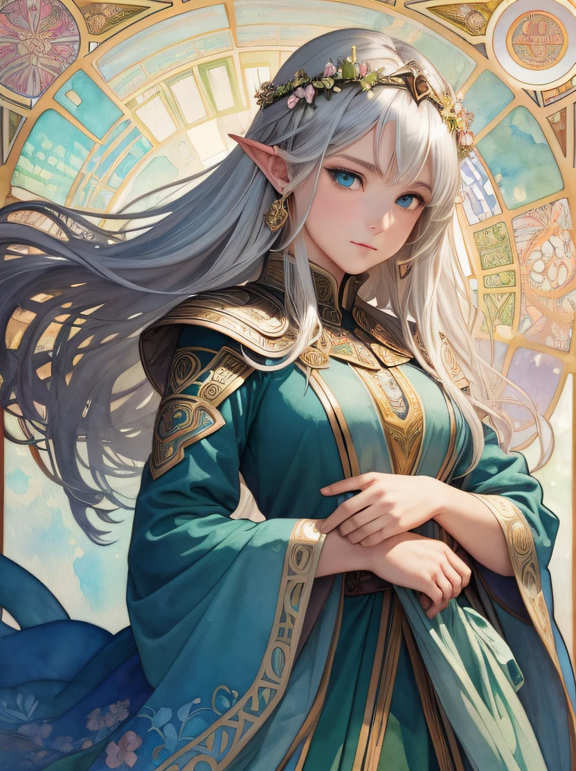 ((hight resolution、top-quality、super detailing、best picture、watercolor paiting、thick outlines、mats、by mucha))、flowing lines、elvish、1 girl, 28 year old、skiny、cin、stright long hair、Beautiful silver hair、blue eyess、half up、Hair swaying in the wind、luxury circlet、de pele branca、Hanshin seen from the front、is standing、green stunning queen dress、s Armor、鎖骨、Geometric pattern、(florals)、Hand down、Soft Air、Serious face、Detailed hand depiction