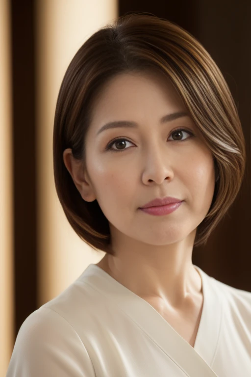 masuter piece, top-quality, masterpiece, hight resolution, Photorealsitic, Raw photography, 8k wallpaper, flawless, profetional lighting, ighly detailed, depth of fields,Pale solid color background, ((Japanese mature woman in her 40s)), chubby figure, Female sexy, Detailed face, beautidful eyes, bangss, large full breasts, Straight light brown hair that reaches to the shoulders, Faint lips, ((Stand facing forward in the center of the screen.、Staring at the viewer'serious face eyes.)),Business Wear, foot out of frame, Looking at Viewer,