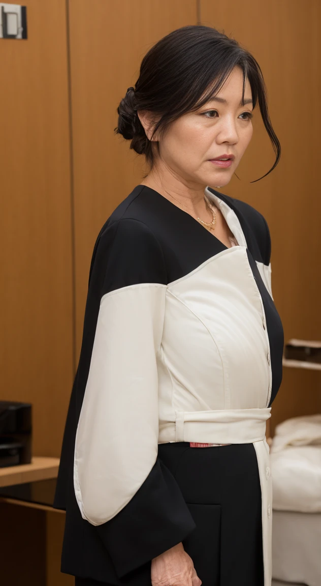 (((1 Japanese 58-year-old woman))), ((Sagging under the eyes)),(((nasolabial folds))),独奏,masutepiece, Best Quality, Photorealsitic, super detailed skin, Sharpen, Perfect Anatomy,Temples in Kyoto,Anatomy,独奏,Longhaire,((old body)), (((Sagging udder))), (thick waist),(flabby body)(,Plump body),(((bunk butt))),Serious look,Mature AV Actress, glamor, A sexy,(((Fair skin with many wrinkles))),small diamond necklace,(black office lady suit)),(Black high heels),Staring at this,((full bodyesbian)),