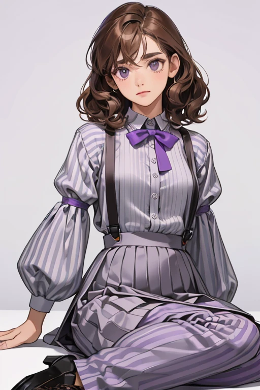Isadora has a medium skin tone and curly brown hair. She wears a gray shirt with puffed sleeves, a lighter gray collar and sleeve ends, a purple skirt with lighter purple horizontal stripes over gray pants, purple suspenders with lighter purple horizontal stripes, and black shoes with brown soles, light gray lining, and light gray dots in the back.